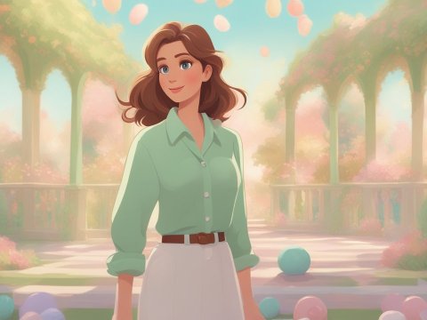 Young Woman in a Dreamy Garden with Pastel Balloons