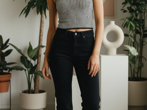 Young Woman in Casual Outfit Standing Indoors