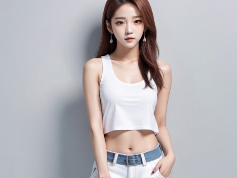 Young Woman in Casual Summer Outfit Against Gray Background