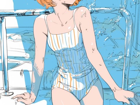 Young Woman in Striped Swimsuit by Poolside