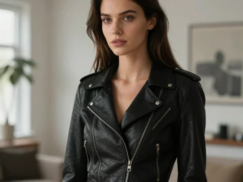 Young Woman in Stylish Black Leather Jacket