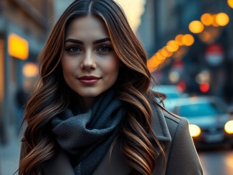 Young Woman in Stylish Coat on City Street at Dusk