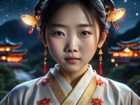 Young Woman in Traditional Asian Attire at Night