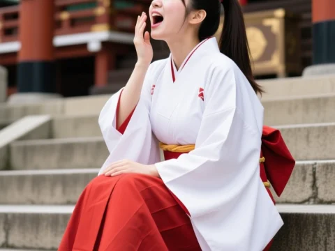 Young Woman in Traditional Miko Attire at Shrine Steps