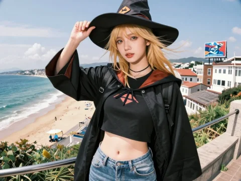 Young Woman in Witch Costume at Beach with Fisheye Lens