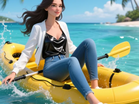 Young Woman Kayaking on Tropical Beach