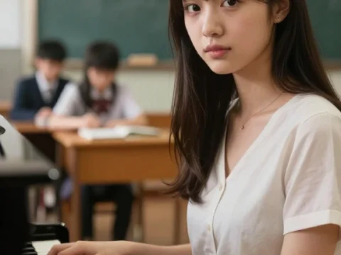 Young Woman Playing Piano in Classroom