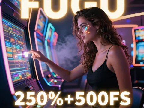 Young Woman Playing Slot Machine in Neon Casino