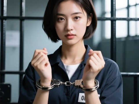 Young Woman Prisoner in Handcuffs Behind Bars