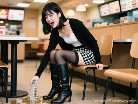 Young Woman Reacting to Spilled Water in Fast Food Restaurant