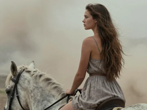Young Woman Riding a White Horse in a Misty Landscape