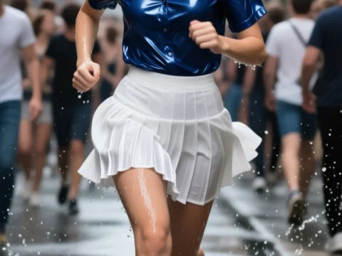 Young Woman Running Through City Street Puddle