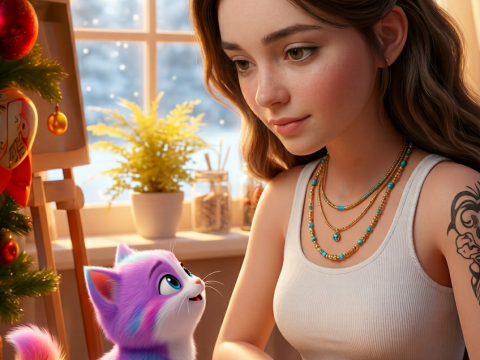 Young Woman Sketching with a Colorful Cartoon Cat in Cozy Winter Room