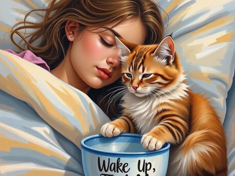 Young Woman Sleeping with Cat and Feeding Bowl