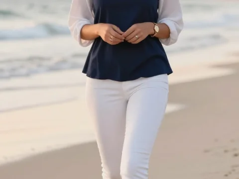 Young Woman Smiling and Walking on the Beach at Sunset