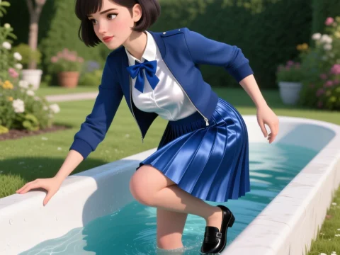 Young Woman Stepping into Garden Water Channel