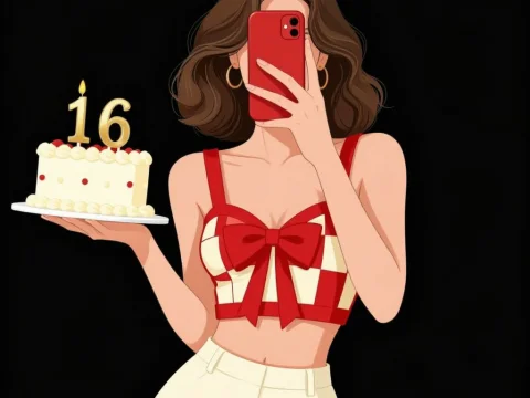 Young Woman Taking Birthday Selfie with Cake