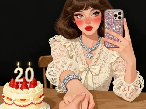 Young Woman Taking Selfie Holding Hands at 20th Birthday Celebration