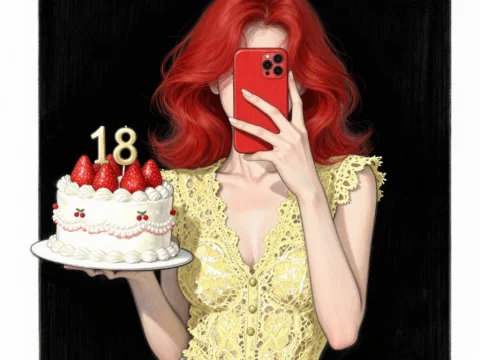 Young Woman Taking Selfie with 18th Birthday Strawberry Cake