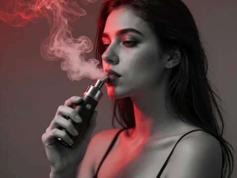 Young Woman Vaping with Red Light Accent