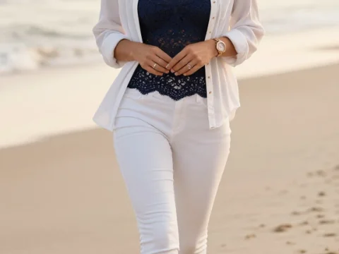 Young Woman Walking on Beach at Sunset