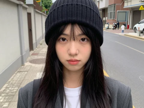 Young Woman Wearing Black Beanie on Urban Street