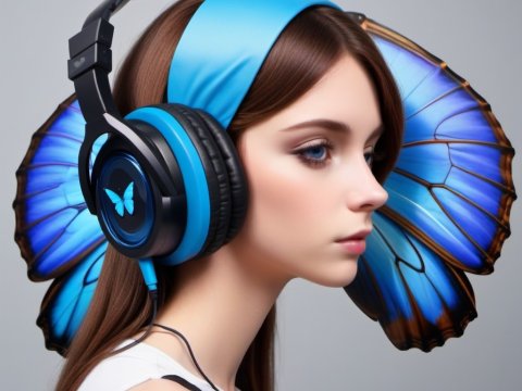 Young Woman Wearing Blue Butterfly-Themed Headphones