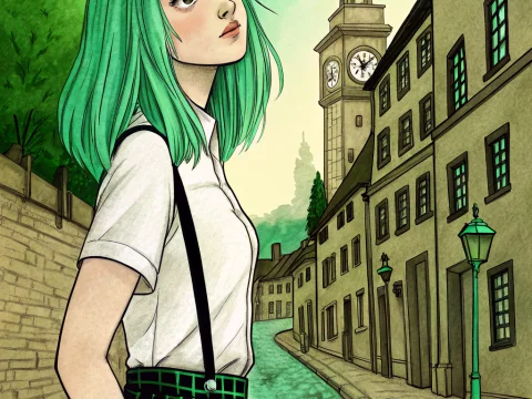 Young Woman with Green Hair on a Cobblestone Street