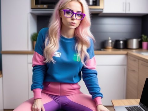 Young Woman with Pink Hair and Purple Glasses in Modern Kitchen