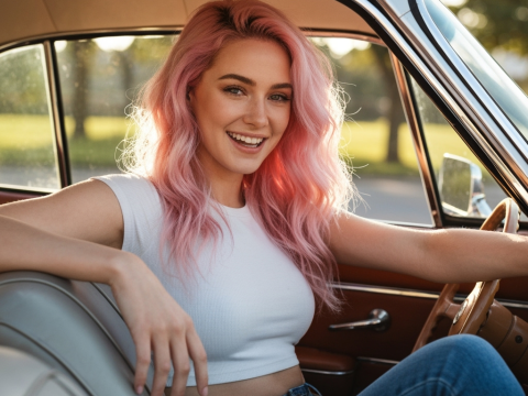 Young Woman with Pink Hair Smiling in Vintage Car
