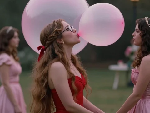 Young Women Blowing Bubblegum Bubbles in Elegant Dresses