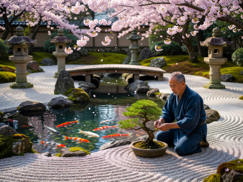 Zen Garden with Bonsai and Koi Pond under Cherry Blossoms