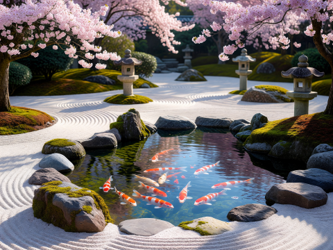 Zen Garden with Koi Pond and Cherry Blossoms