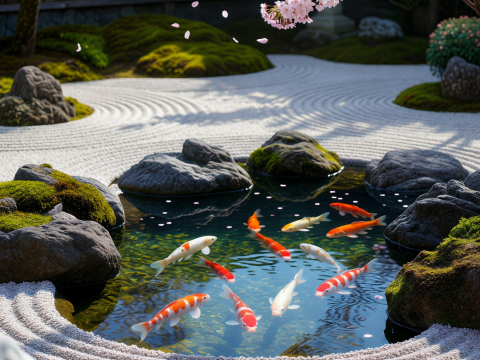 Zen Garden with Koi Pond and Cherry Blossoms