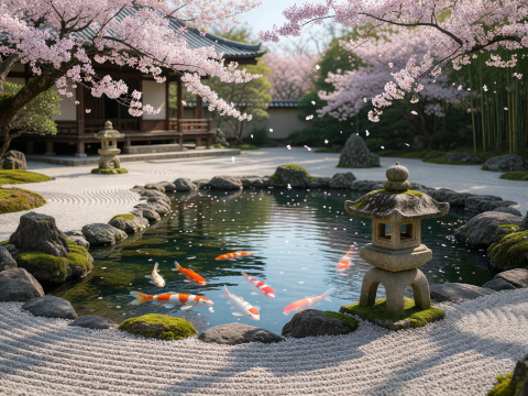 Zen Garden with Koi Pond and Cherry Blossoms