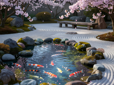 Zen Garden with Koi Pond and Cherry Blossoms