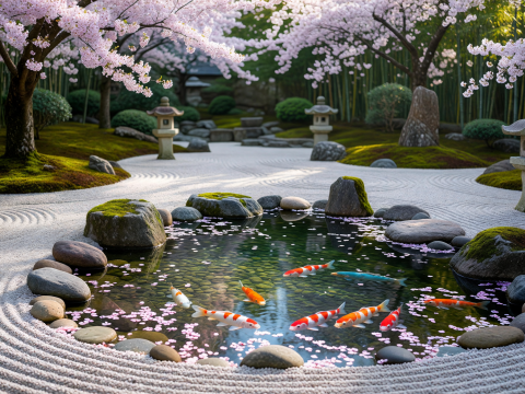 Zen Garden with Koi Pond and Cherry Blossoms