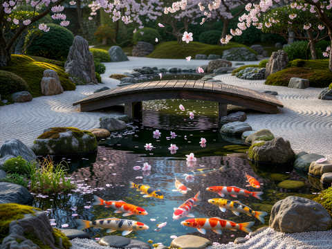 Zen Garden with Koi Pond and Cherry Blossoms