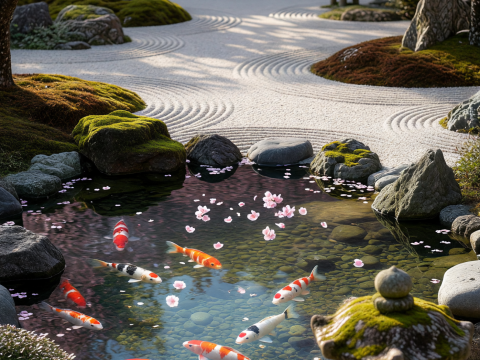 Zen Garden with Koi Pond and Cherry Blossoms