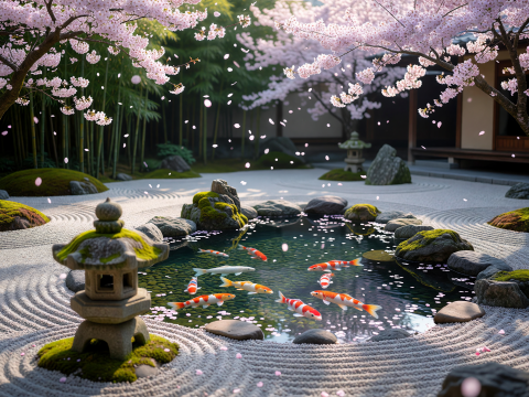 Zen Garden with Koi Pond and Cherry Blossoms