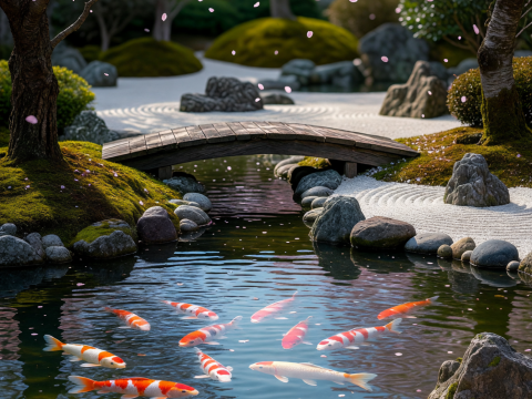Zen Garden with Koi Pond and Cherry Blossoms