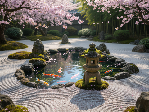 Zen Garden with Koi Pond and Cherry Blossoms