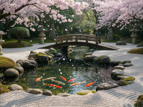 Zen Garden with Koi Pond and Cherry Blossoms