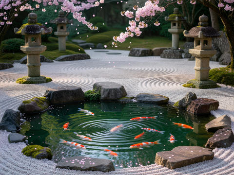 Zen Garden with Koi Pond and Cherry Blossoms
