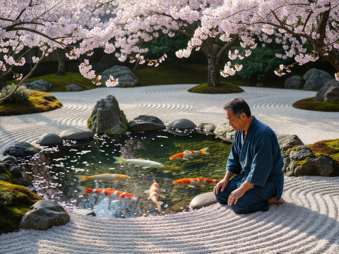 Zen Garden with Koi Pond and Cherry Blossoms