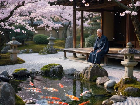 Zen Garden with Koi Pond and Cherry Blossoms