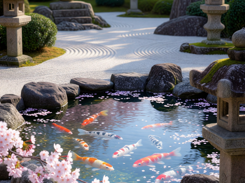 Zen Garden with Koi Pond and Cherry Blossoms