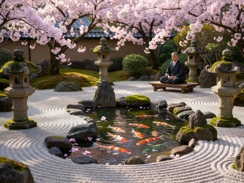 Zen Garden with Koi Pond and Cherry Blossoms