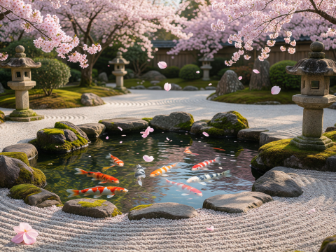 Zen Garden with Koi Pond and Cherry Blossoms