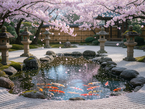 Zen Garden with Koi Pond and Cherry Blossoms